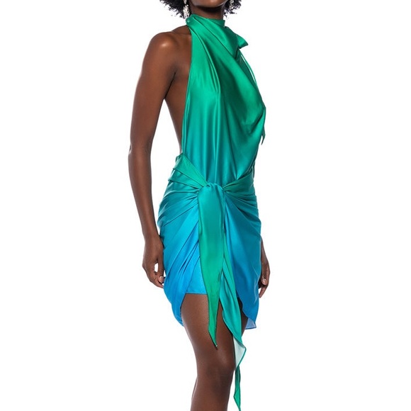 Luxxel Waves of Blue Halter Ombré Wrap Front Mini Dress Size L - Picture 2 of 12